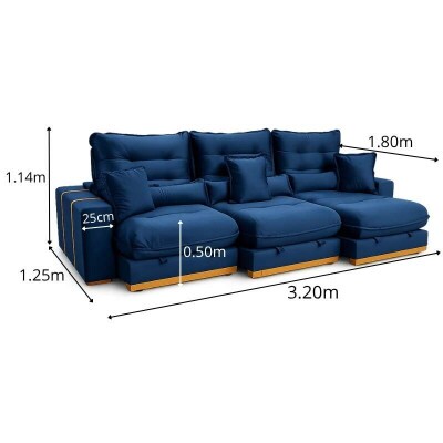 Sof� Retr�til Reclin�vel M�naco 3.20m Veludo Azul A16 - Molas Ensacadas