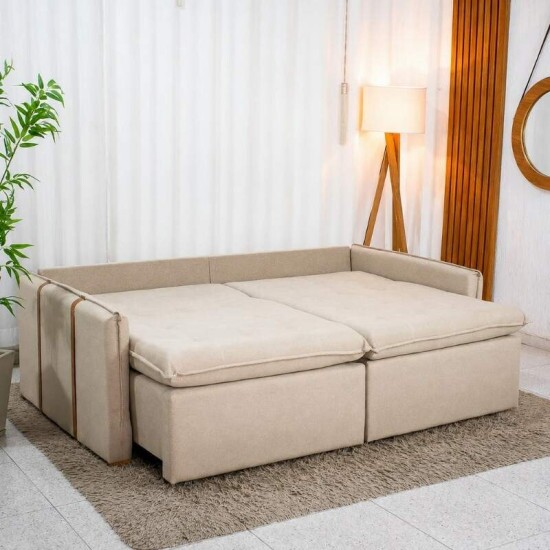 Sof� Retr�til Reclin�vel Detroit 2.00m Linho Bege - Sem Caixa