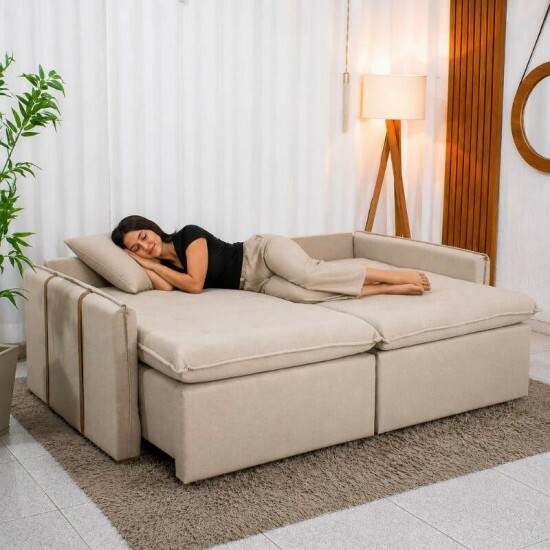 Sof� Retr�til Reclin�vel Detroit 2.00m Linho Bege - Sem Caixa