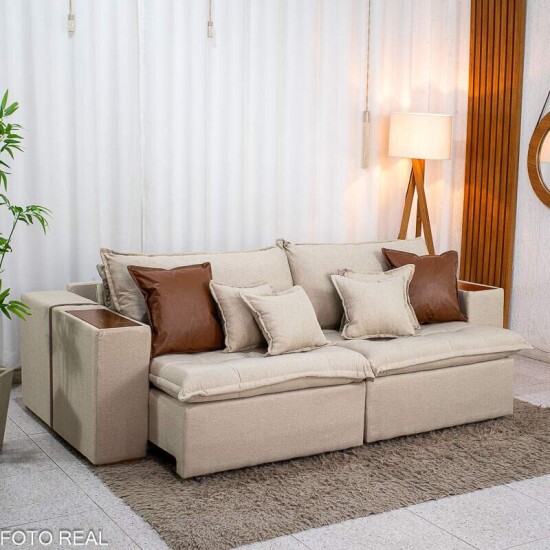 Sof� Retr�til Reclin�vel Emily 2.30m Linho Bege - Sem Caixa