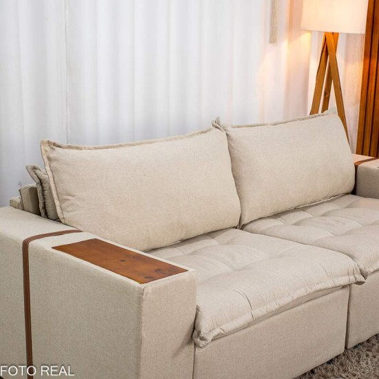 Sof� Retr�til Reclin�vel Emily 2.30m Linho Bege - Sem Caixa