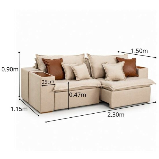 Sof� Retr�til Reclin�vel Emily 2.30m Linho Bege - Sem Caixa