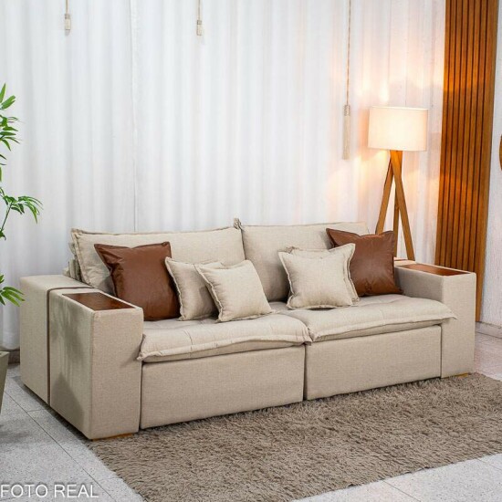 Sof� Retr�til Reclin�vel Emily 2.30m Linho Bege - Sem Caixa