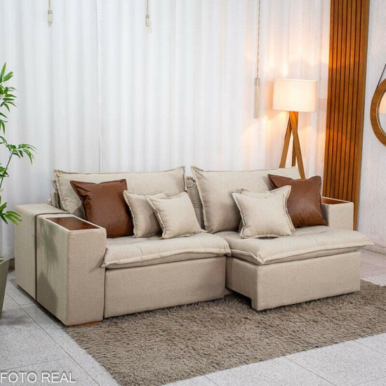 Sof� Retr�til Reclin�vel Emily 2.30m Linho Bege - Sem Caixa