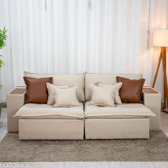 Sof� Retr�til Reclin�vel Emily 2.30m Linho Bege - Sem Caixa