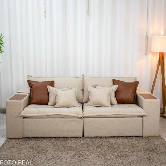 Sof� Retr�til Reclin�vel Emily 2.30m Linho Bege - Sem Caixa