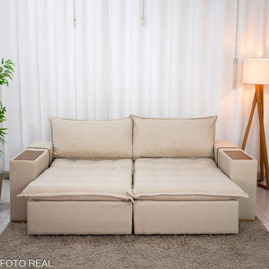 Sof� Retr�til Reclin�vel Emily 2.30m Linho Bege - Sem Caixa