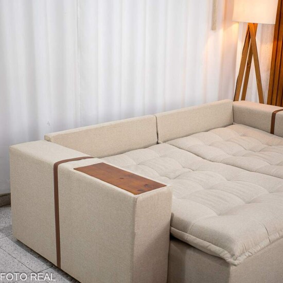 Sof� Retr�til Reclin�vel Emily 2.30m Linho Bege - Sem Caixa