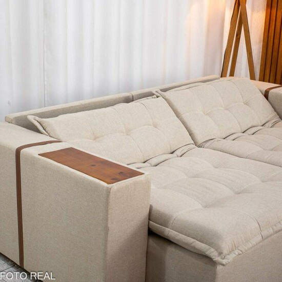 Sof� Retr�til Reclin�vel Emily 2.30m Linho Bege - Sem Caixa
