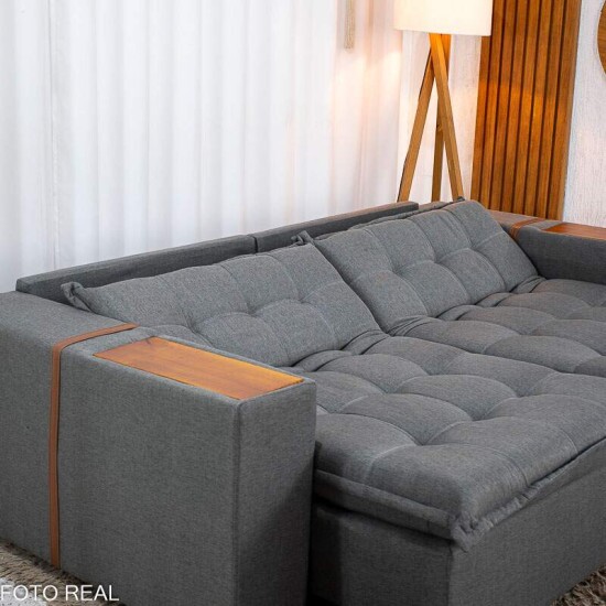 Sof� Retr�til Reclin�vel Emily 2.30m Linho Cinza - Sem Caixa