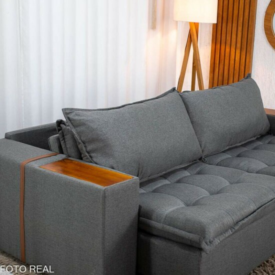 Sof� Retr�til Reclin�vel Emily 2.30m Linho Cinza - Sem Caixa