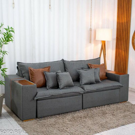 Sof� Retr�til Reclin�vel Emily 2.30m Linho Cinza - Sem Caixa