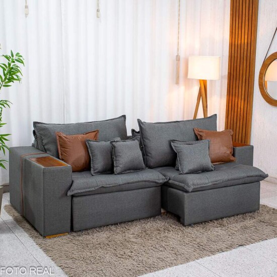 Sof� Retr�til Reclin�vel Emily 2.30m Linho Cinza - Sem Caixa