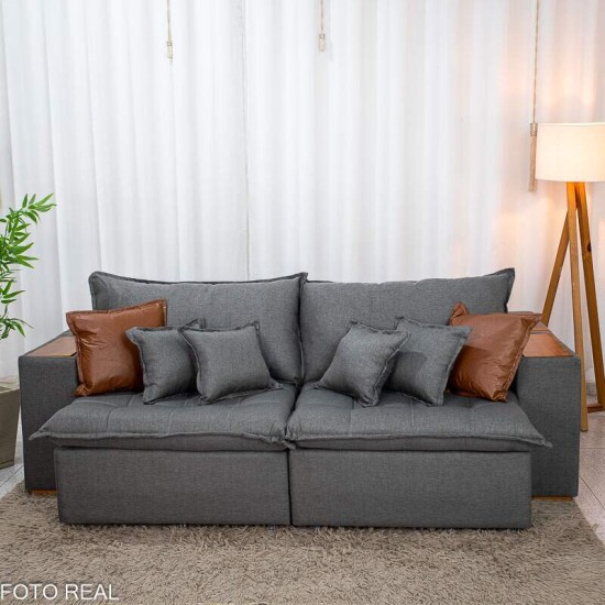 Sof� Retr�til Reclin�vel Emily 2.30m Linho Cinza - Sem Caixa
