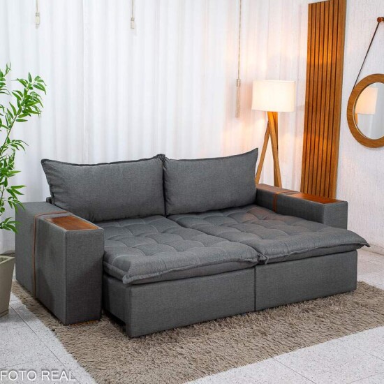 Sof� Retr�til Reclin�vel Emily 2.30m Linho Cinza - Sem Caixa