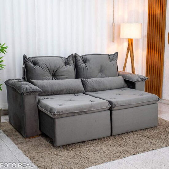 Sof� Retr�til Reclin�vel Santorini 2.00m Veludo Cinza - Sem Caixa
