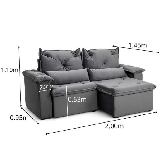 Sof� Retr�til Reclin�vel Santorini 2.00m Veludo Cinza - Sem Caixa