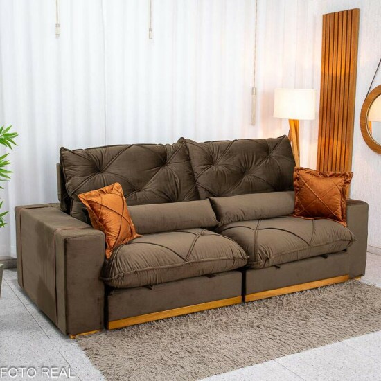 Sof� Retr�til Reclin�vel Texas 2.50m Veludo Marrom - Molas Ensacadas