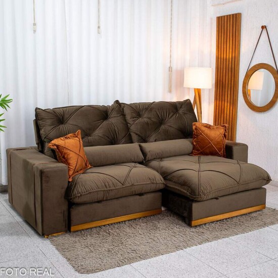 Sof� Retr�til Reclin�vel Texas 2.50m Veludo Marrom - Molas Ensacadas