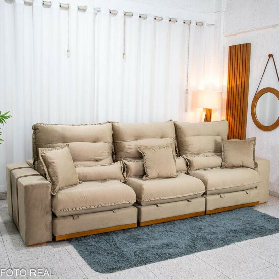 Sof� Retr�til Reclin�vel M�naco 3.20m Veludo Bege A32 - Molas Ensacadas