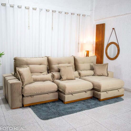 Sof� Retr�til Reclin�vel M�naco 3.20m Veludo Bege A32 - Molas Ensacadas