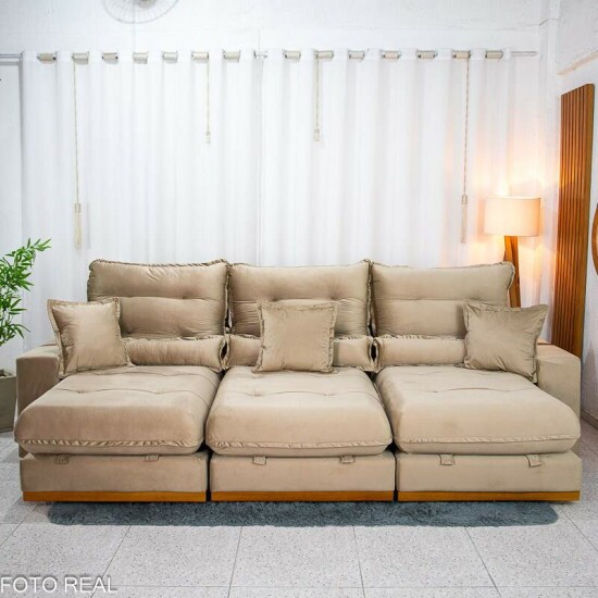 Sof� Retr�til Reclin�vel M�naco 3.20m Veludo Bege A32 - Molas Ensacadas