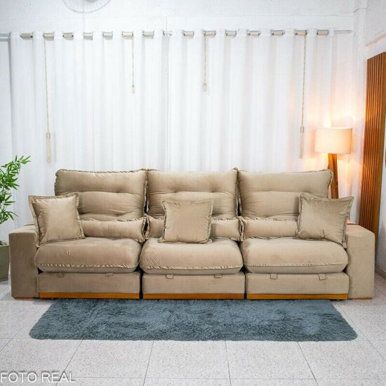 Sof� Retr�til Reclin�vel M�naco 3.20m Veludo Bege A32 - Molas Ensacadas