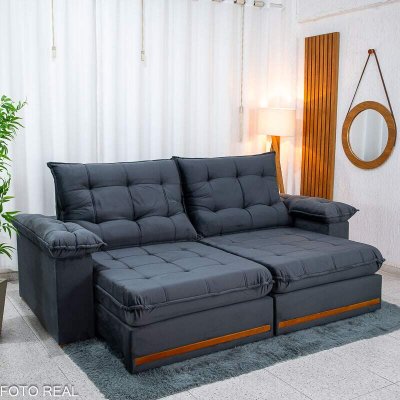 Sof� Retr�til Reclin�vel Mariana 2,50m Veludo Chumbo 330 - D33 e Molas Ensacadas