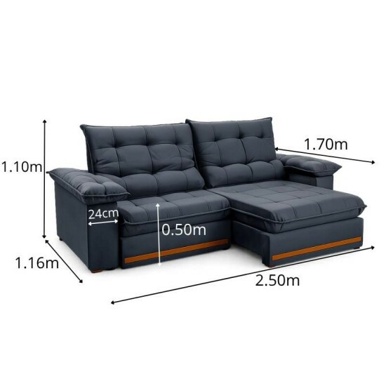 Sof� Retr�til Reclin�vel Mariana 2.50m Veludo Chumbo 330 - D33 e Molas Ensacadas