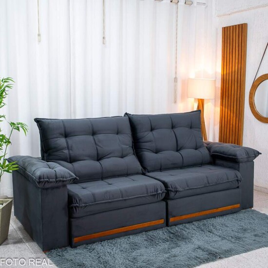 Sof� Retr�til Reclin�vel Mariana 2.50m Veludo Chumbo 330 - D33 e Molas Ensacadas