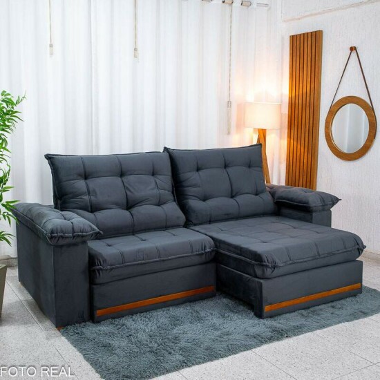 Sof� Retr�til Reclin�vel Mariana 2.50m Veludo Chumbo 330 - D33 e Molas Ensacadas
