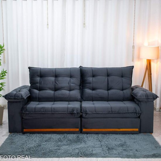 Sof� Retr�til Reclin�vel Mariana 2.50m Veludo Chumbo 330 - D33 e Molas Ensacadas