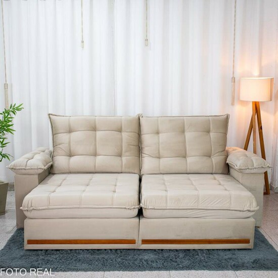 Sof� Retr�til Reclin�vel Mariana 2.50m Veludo Bege 334 - D33 e Molas Ensacadas