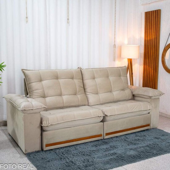 Sof� Retr�til Reclin�vel Mariana 2.30m Veludo Bege 334 - D33 e Molas Ensacadas