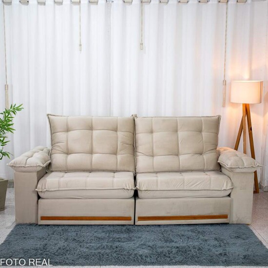 Sof� Retr�til Reclin�vel Mariana 2.30m Veludo Bege 334 - D33 e Molas Ensacadas