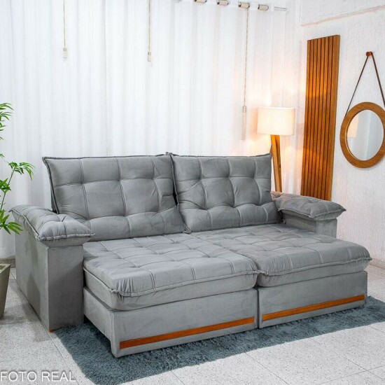 Sof� Retr�til Reclin�vel Mariana 2.30m Veludo Prata 321 - D33 e Molas Ensacadas