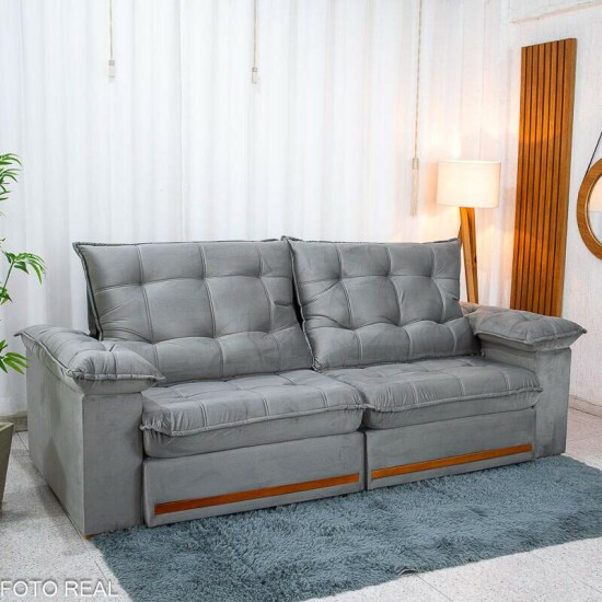 Sof� Retr�til Reclin�vel Mariana 2.30m Veludo Prata 321 - D33 e Molas Ensacadas