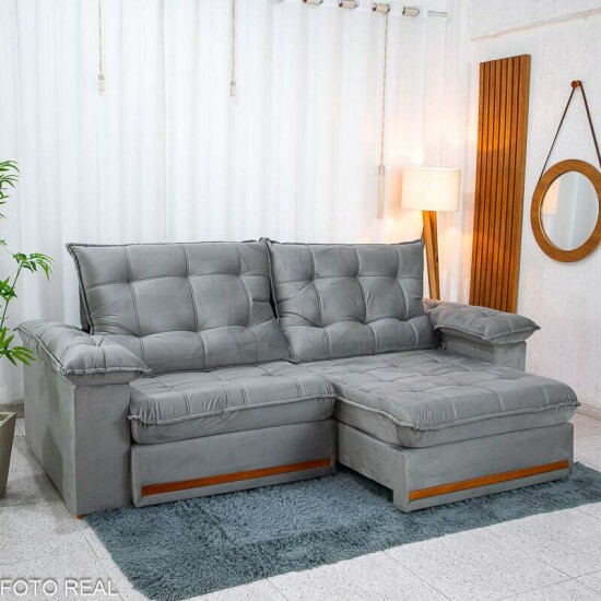 Sof� Retr�til Reclin�vel Mariana 2.30m Veludo Prata 321 - D33 e Molas Ensacadas