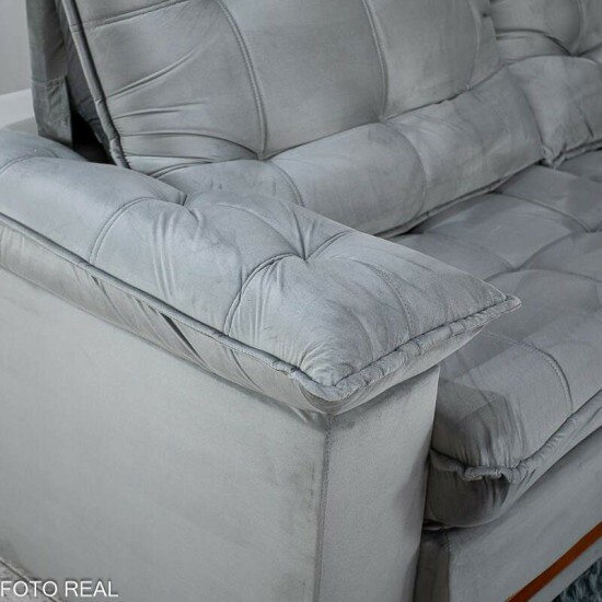 Sof� Retr�til Reclin�vel Mariana 2.30m Veludo Prata 321 - D33 e Molas Ensacadas