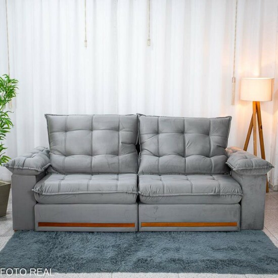 Sof� Retr�til Reclin�vel Mariana 2.50m Veludo Prata 321 - D33 e Molas Ensacadas