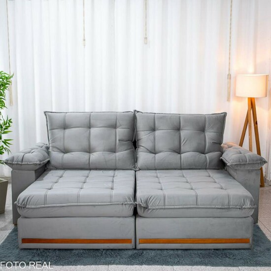Sof� Retr�til Reclin�vel Mariana 2.50m Veludo Prata 321 - D33 e Molas Ensacadas