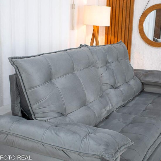 Sof� Retr�til Reclin�vel Mariana 2.50m Veludo Prata 321 - D33 e Molas Ensacadas
