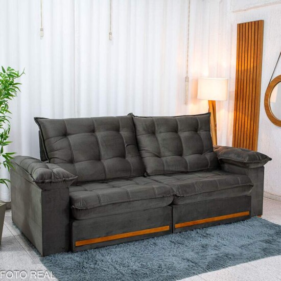 Sof� Retr�til Reclin�vel Mariana 2.30m Veludo Marrom 320 - D33 e Molas Ensacadas