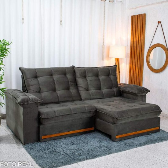 Sof� Retr�til Reclin�vel Mariana 2.30m Veludo Marrom 320 - D33 e Molas Ensacadas