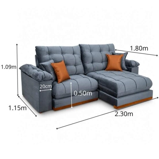 Sof� Retr�til Reclin�vel Verona 2.30m Veludo Cinza - Molas Ensacadas