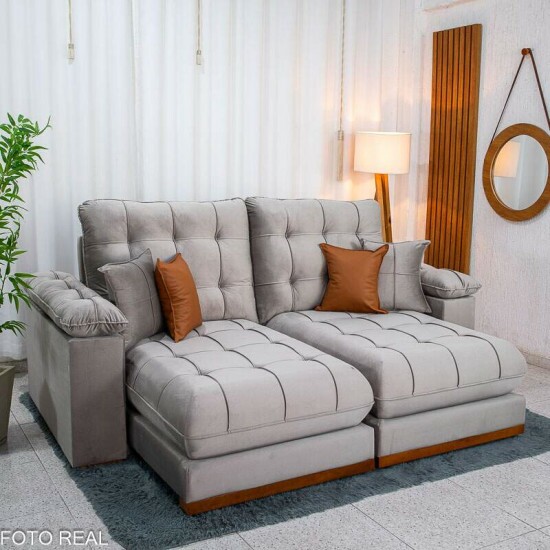 Sof� Retr�til Reclin�vel Verona 2.30m Veludo Capuccino 02 - Molas Ensacadas