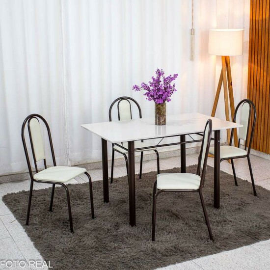 Mesa Serena 120x75 Tampo Pedra + 4 Cad. Corino Branco - Teixeira