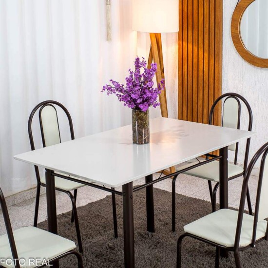 Mesa Serena 120x75 Tampo Pedra + 4 Cad. Corino Branco - Teixeira