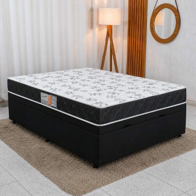 Colch�o Casal 100% Espuma Extra Firme Lestespuma + Base Box Ba� Casal Confort Sued Preto Blindado Issacar - 138x188x63 cm