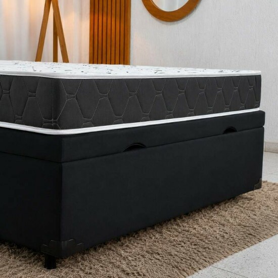 Colch�o Casal 100% Espuma Extra Firme Lestespuma + Base Box Ba� Casal Confort Sued Preto Blindado Issacar - 138x188x63 cm